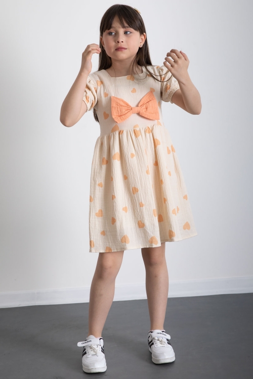 Turuncu Kalp Desenli Fiyonklu Kısa Kol Kız Çocuk Müslin Elbise 20776