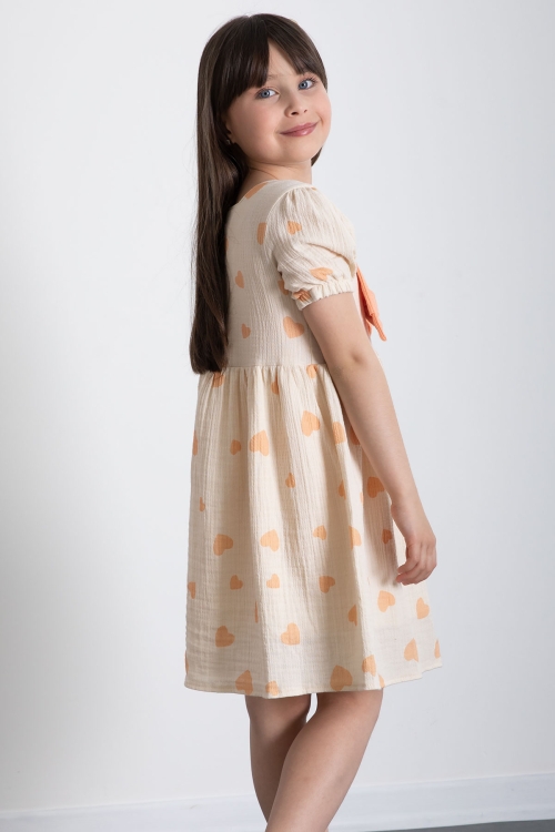 Turuncu Kalp Desenli Fiyonklu Kısa Kol Kız Çocuk Müslin Elbise 20776