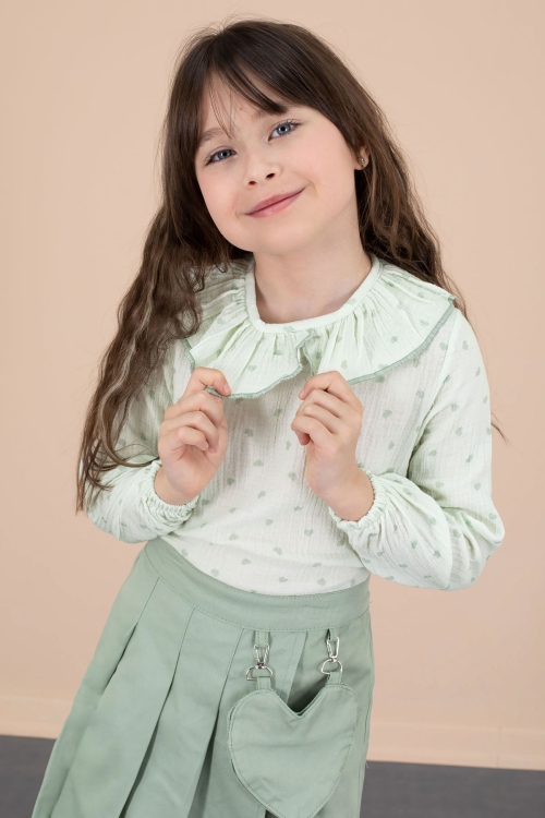 Yeşil Kalp Desenli Müslin Gömlekli Kız Çocuk Şort  Etekli 2li Takım 20676