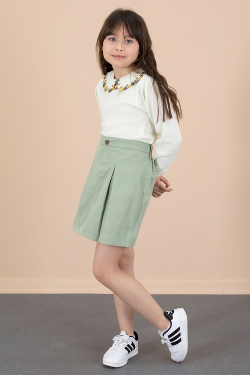 Yeşil Yakası Çiçek Nakışlı Müslin Gömlekli Etekli Kız Çocuk 2li Takım 20672