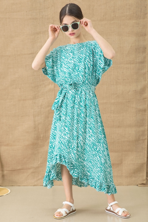 Yeşil Zebra Desenli Kuşaklı Kız Çocuk Kısa Kol Elbise 20770