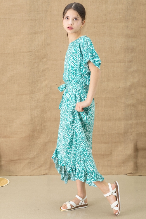 Yeşil Zebra Desenli Kuşaklı Kız Çocuk Kısa Kol Elbise 20770