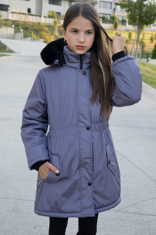 Antrasit Çıtçıtlı Cepli Esnek Bel İçi Kürklü Kız Çocuk Kapüşonlu Mont 21308