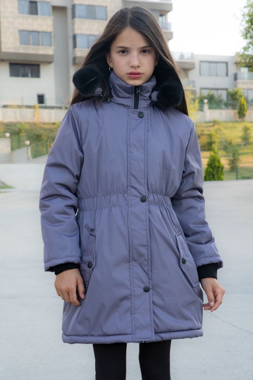 Antrasit Çıtçıtlı Cepli Esnek Bel İçi Kürklü Kız Çocuk Kapüşonlu Mont 21308