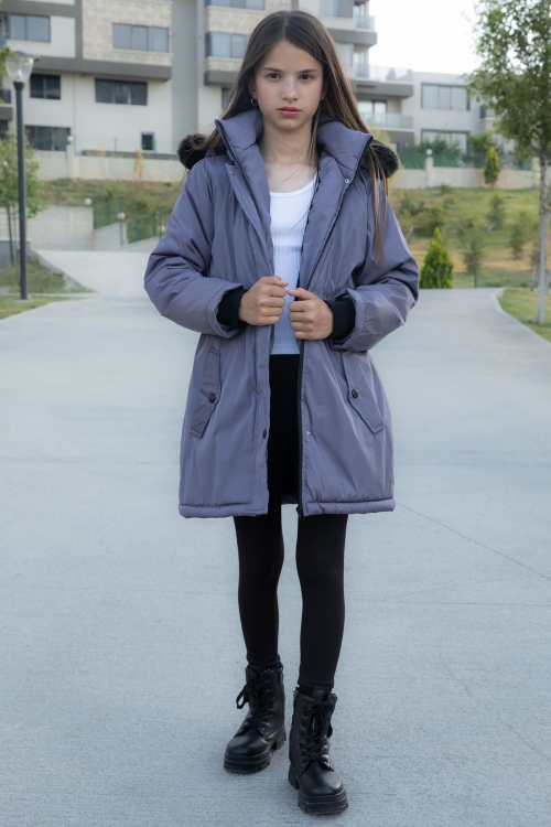 Antrasit Çıtçıtlı Cepli Esnek Bel İçi Kürklü Kız Çocuk Kapüşonlu Mont 21308