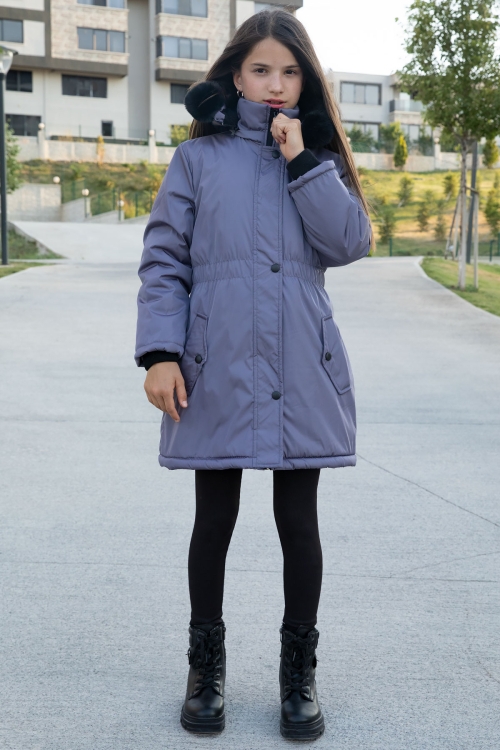 Antrasit Çıtçıtlı Cepli Esnek Bel İçi Kürklü Kız Çocuk Kapüşonlu Mont 21308