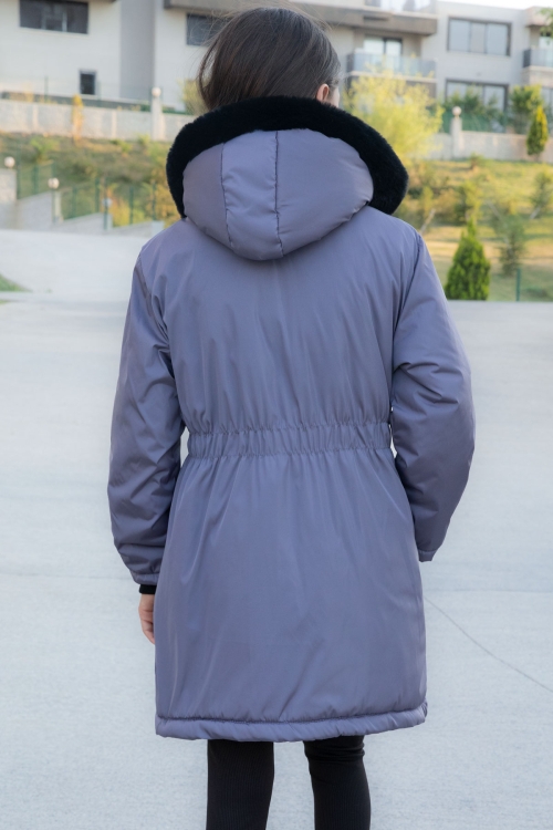 Antrasit Çıtçıtlı Cepli Esnek Bel İçi Kürklü Kız Çocuk Kapüşonlu Mont 21308