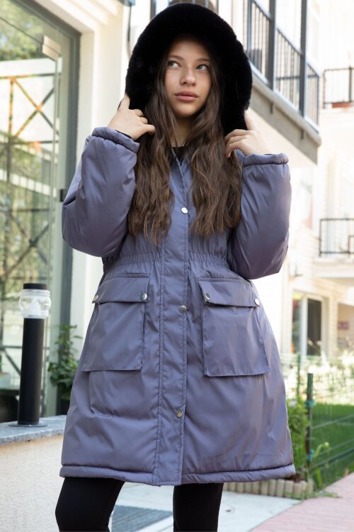 Antrasit Kapaklı Cepli İçi Kürklü Çıkarılabilir Kapüşonlu Kız Çocuk Şişme Mont 21523