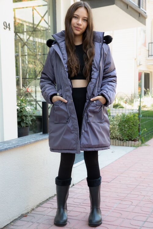 Antrasit Kapaklı Cepli İçi Kürklü Çıkarılabilir Kapüşonlu Kız Çocuk Şişme Mont 21523