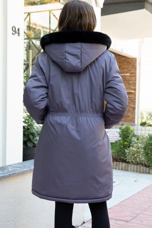 Antrasit Kapaklı Cepli İçi Kürklü Çıkarılabilir Kapüşonlu Kız Çocuk Şişme Mont 21523