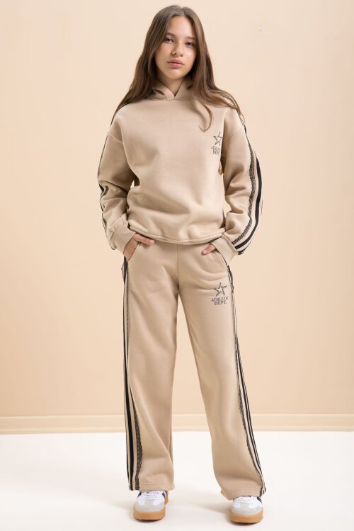 Bej 3 İplik Şardonlu Şeritli Dantel  Detaylı Kız Çocuk Kapüşonlu Eşofman Takımı  22723