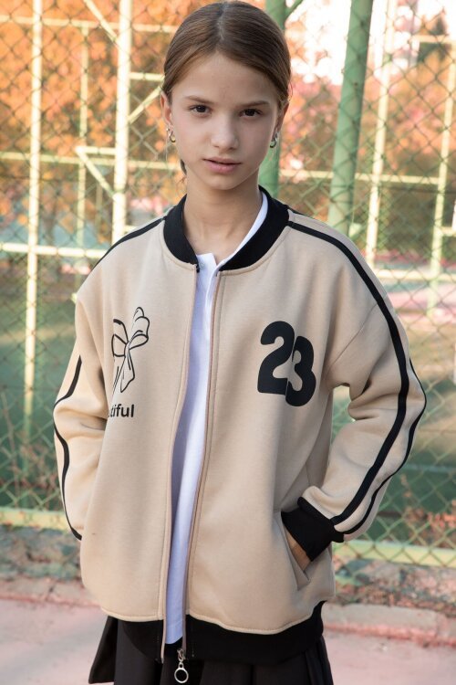 Bej Beautifull Yazılı Kolu Şeritli Kız Çocuk Kolej Hırka 21195