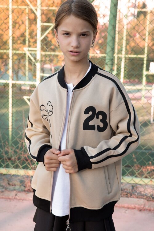 Bej Beautifull Yazılı Kolu Şeritli Kız Çocuk Kolej Hırka 21195