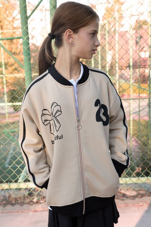 Bej Beautifull Yazılı Kolu Şeritli Kız Çocuk Kolej Hırka 21195