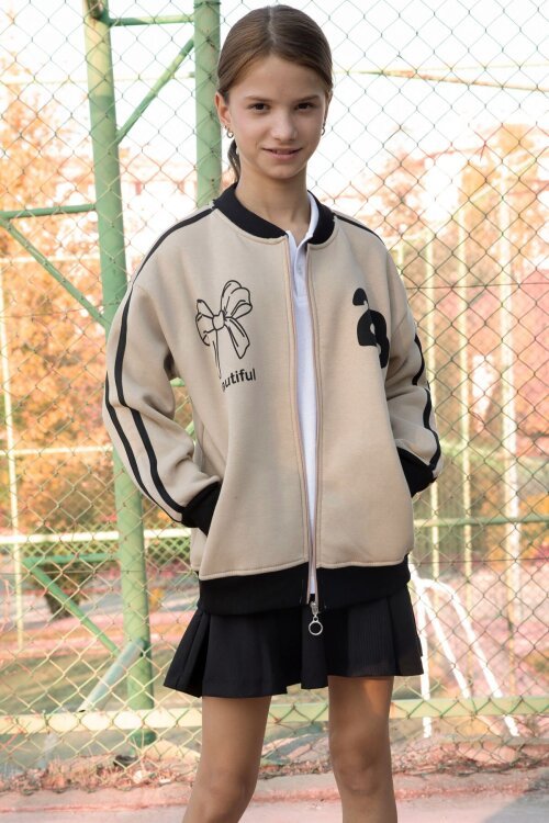 Bej Beautifull Yazılı Kolu Şeritli Kız Çocuk Kolej Hırka 21195