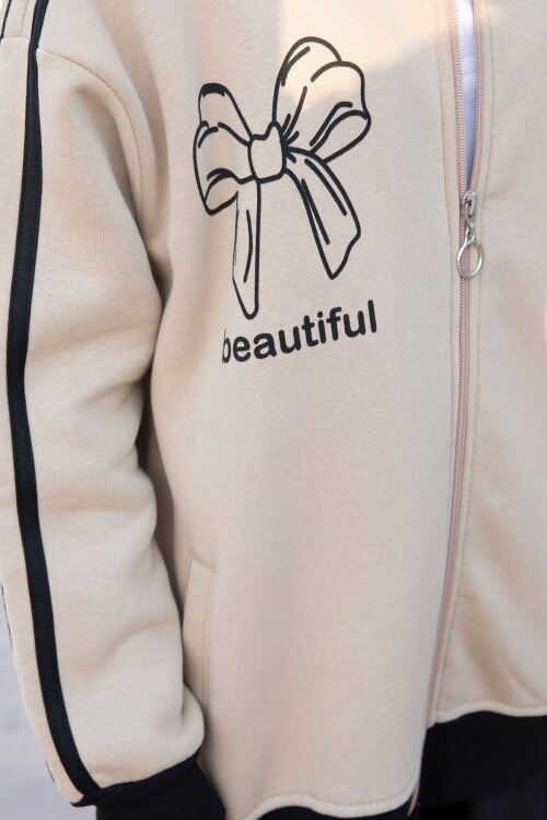 Bej Beautifull Yazılı Kolu Şeritli Kız Çocuk Kolej Hırka 21195