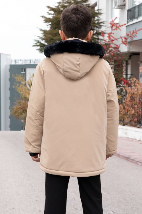 Bej Çıtçıtlı Göğüs Cepli İçi Kürklü Erkek Çocuk Kapüşonlu Mont 21352