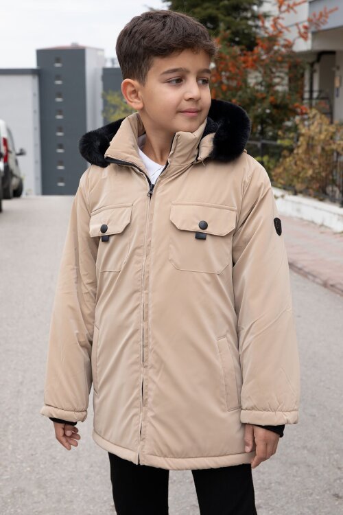 Bej Çıtçıtlı Göğüs Cepli İçi Kürklü Erkek Çocuk Kapüşonlu Mont 21352