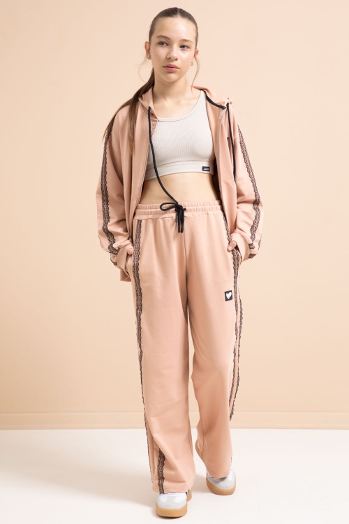 Bej Dantel Şeritli Hırkalı Kız Çocuk 2li Eşofman Takımı 21247