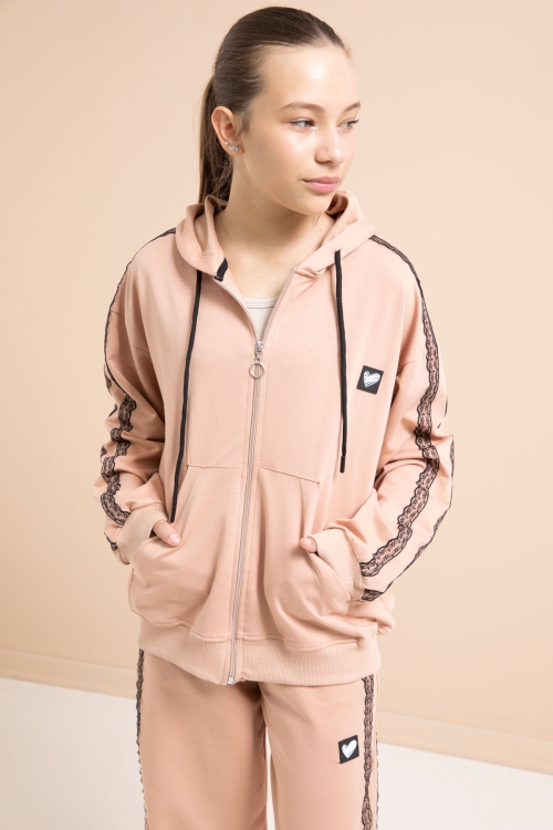 Bej Dantel Şeritli Hırkalı Kız Çocuk 2li Eşofman Takımı 21247