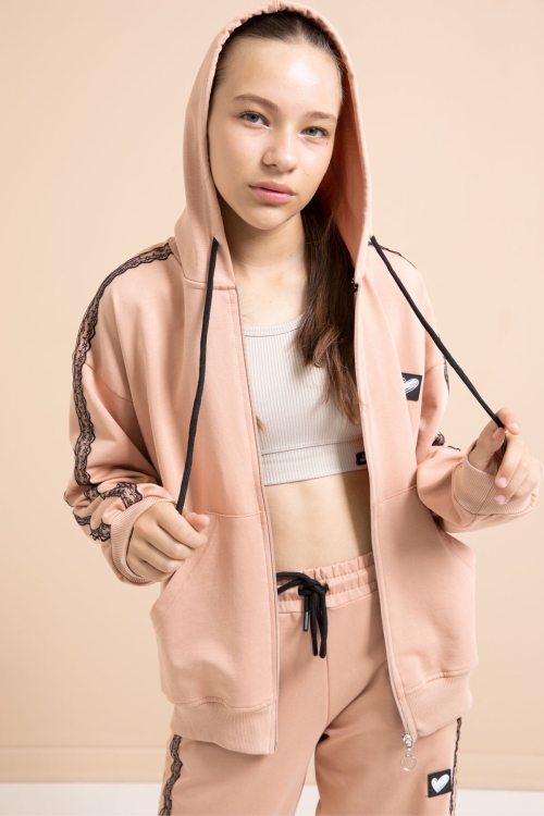 Bej Dantel Şeritli Hırkalı Kız Çocuk 2li Eşofman Takımı 21247