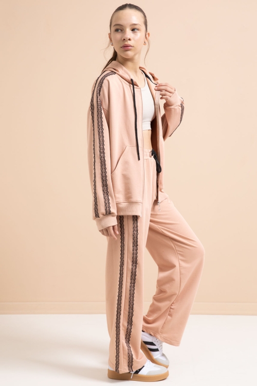 Bej Dantel Şeritli Hırkalı Kız Çocuk 2li Eşofman Takımı 21247