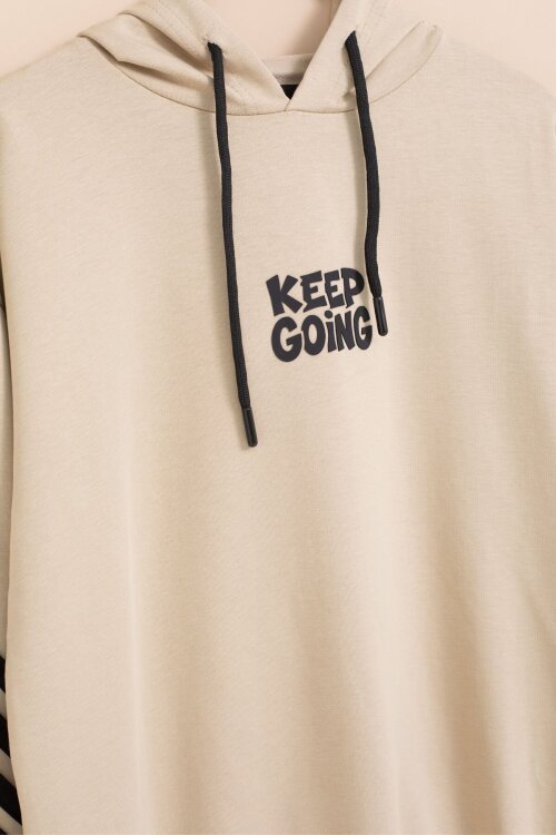 Bej Erkek Çocuk Keep Going Yazılı Şeritli Erkek Çocuk Kapüşonlu Eşofman Takımı 23420