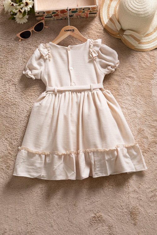 Bej Fırfır Detaylı Kuşaklı Kız Çocuk Kısa Kol Elbise 22686