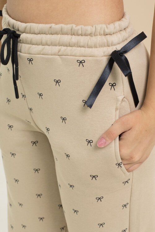 Bej Fiyonk Baskılı Geniş Paça Kız Çocuk Şardonlu Eşofman Altı 23428