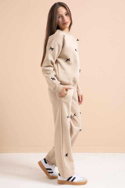 Bej Fiyonk Nakışlı Bisiklet Yaka Kız Çocuk Şardonlu Eşofman Takımı 21287