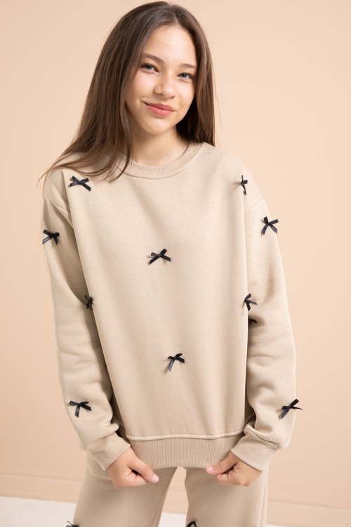 Bej Fiyonk Nakışlı Bisiklet Yaka Kız Çocuk Şardonlu Eşofman Takımı 21287