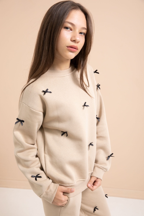 Bej Fiyonk Nakışlı Bisiklet Yaka Kız Çocuk Şardonlu Eşofman Takımı 21287