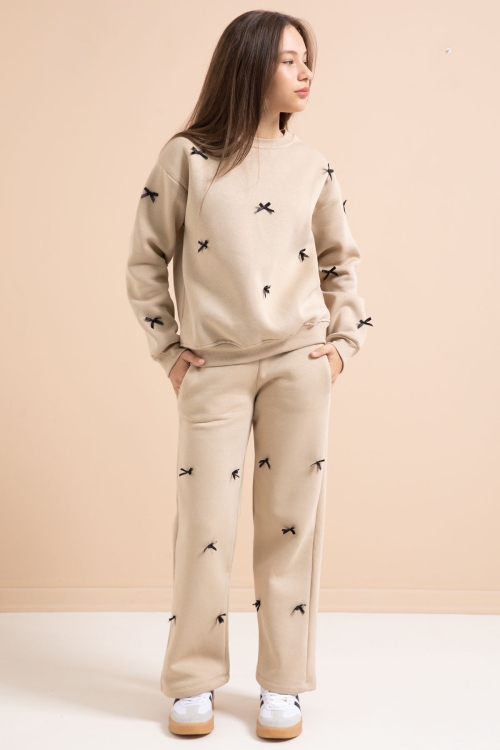 Bej Fiyonk Nakışlı Bisiklet Yaka Kız Çocuk Şardonlu Eşofman Takımı 21287