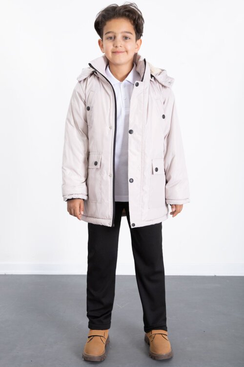 Bej İçi Kürklü Çıkarılabilir Kapüşonlu Basic Erkek Çocuk Şişme Mont 21441