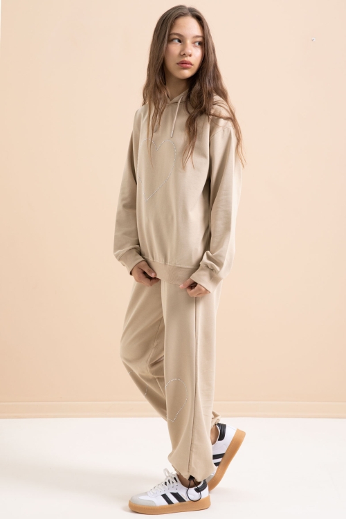 Bej Kalp Desenli Kapüşonlu Kız Çocuk Eşofman Takımı 21254