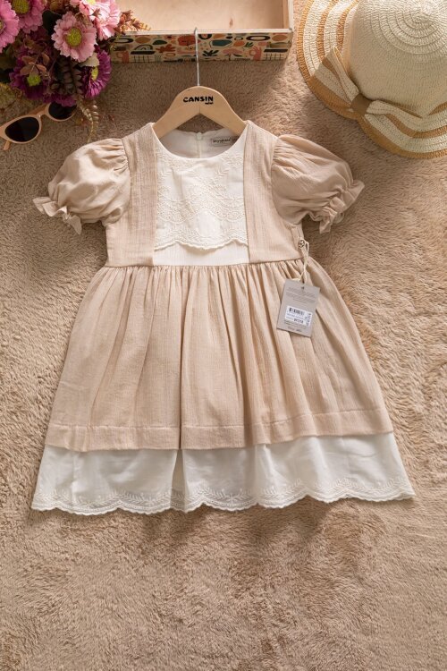 Bej Kız Çocuk Dantel Detaylı Kolu Fırfırlı Elbise  22684