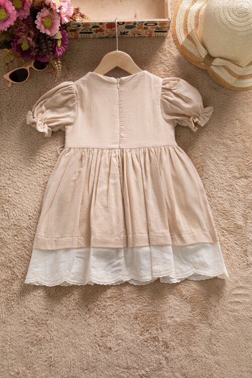 Bej Kız Çocuk Dantel Detaylı Kolu Fırfırlı Elbise  22684