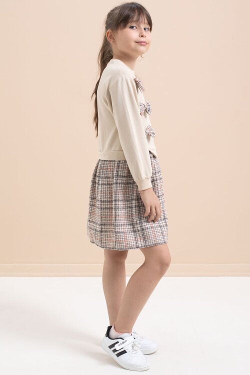 Bej Kız Çocuk Fiyonk Detaylı Ekose Etekli Elbise 21535