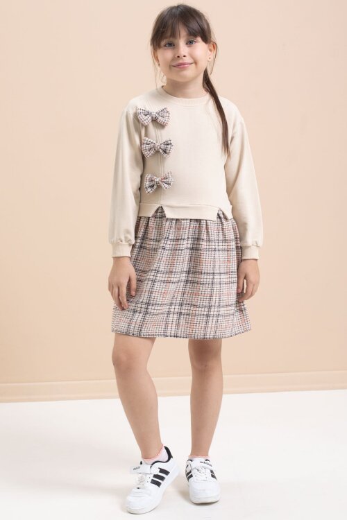 Bej Kız Çocuk Fiyonk Detaylı Ekose Etekli Elbise 21535