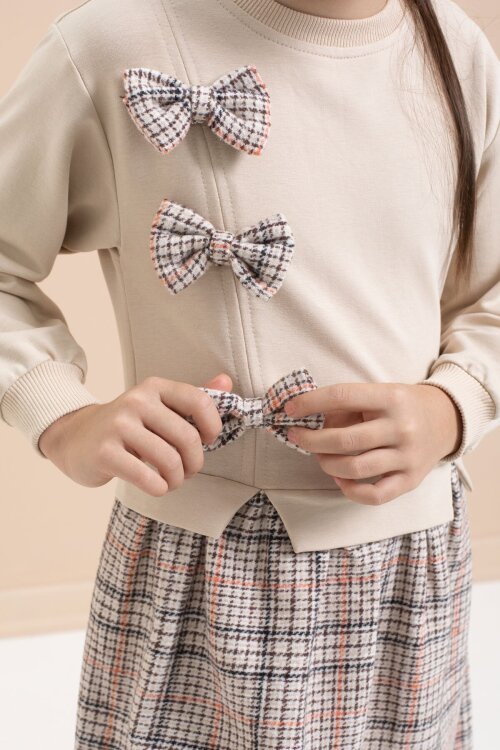 Bej Kız Çocuk Fiyonk Detaylı Ekose Etekli Elbise 21535