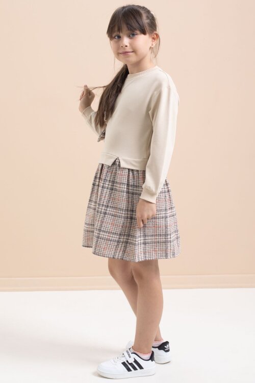 Bej Kız Çocuk Fiyonk Detaylı Ekose Etekli Elbise 21535