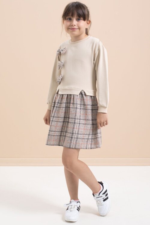 Bej Kız Çocuk Fiyonk Detaylı Ekose Etekli Elbise 21535