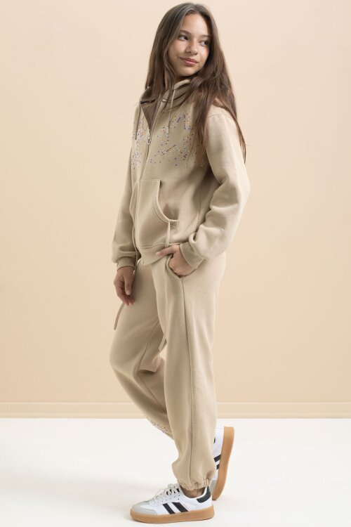 Bej Kız Çocuk Şardonlu Boncuk İşlemeli 2li Takım 21417