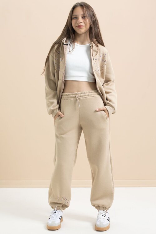 Bej Kız Çocuk Şardonlu Boncuk İşlemeli 2li Takım 21417