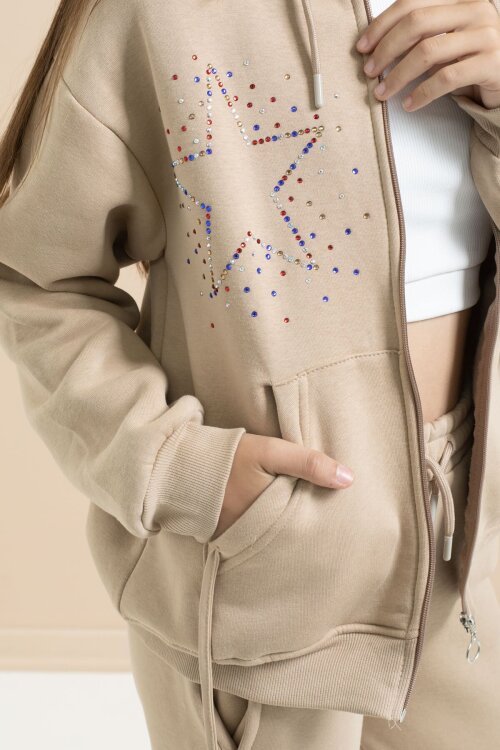 Bej Kız Çocuk Şardonlu Boncuk İşlemeli 2li Takım 21417