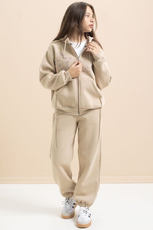 Bej Kız Çocuk Şardonlu Boncuk İşlemeli 2li Takım 21417