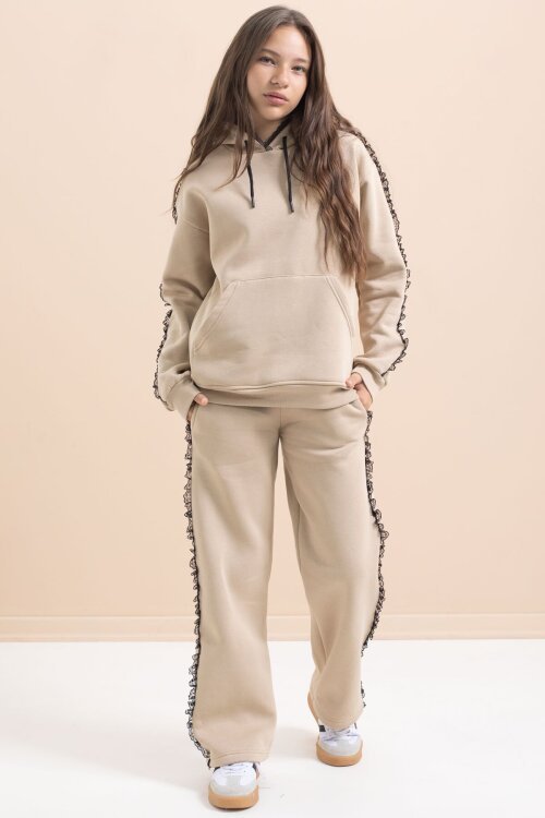 Bej Kız Çocuk Şardonlu Dantel Detaylı 3 İplik Takım 21506