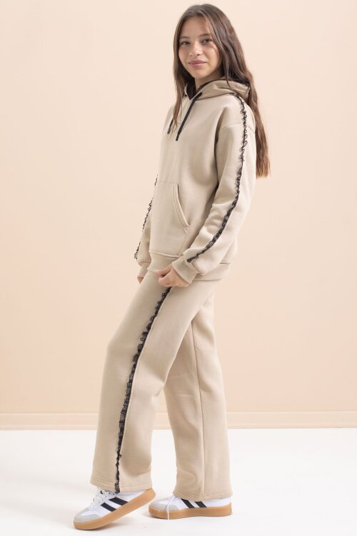 Bej Kız Çocuk Şardonlu Dantel Detaylı 3 İplik Takım 21506