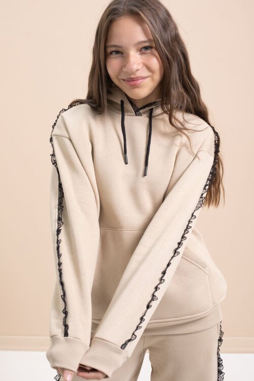 Bej Kız Çocuk Şardonlu Dantel Detaylı 3 İplik Takım 21506