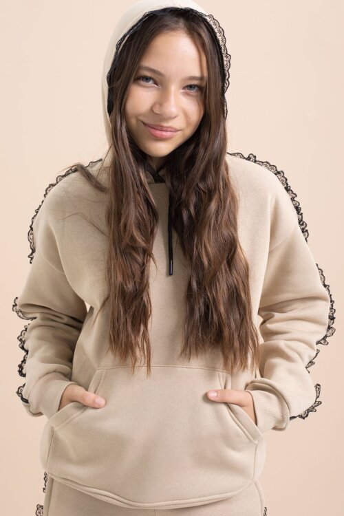 Bej Kız Çocuk Şardonlu Dantel Detaylı 3 İplik Takım 21506